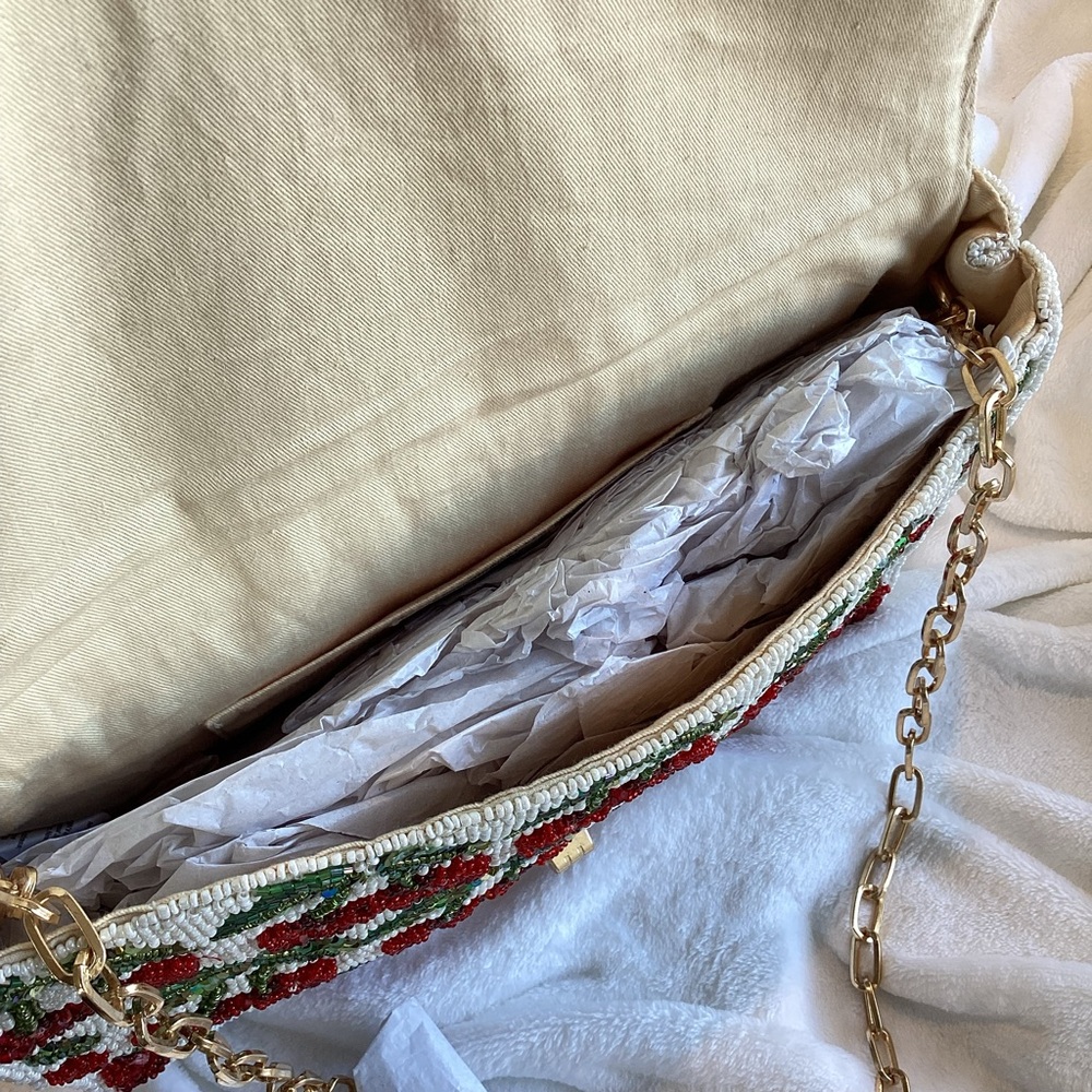 🍒Anthropologie Oversized Beaded Shoulder Bag Maeve Purse Novelty Gold Chain NEW - Picture 11 of 16